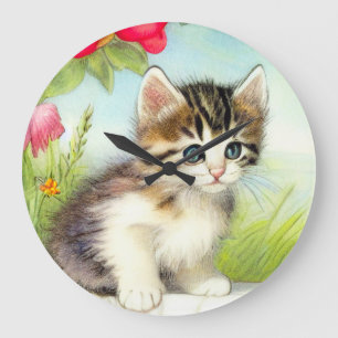 White en Brown Kitten met bloemen Grote Klok