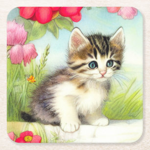  White en Brown Kitten met bloemen Kartonnen Onderzetters