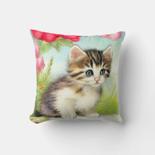  White en Brown Kitten met bloemen Kussen