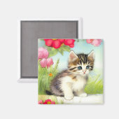  White en Brown Kitten met bloemen Magneet (Voorkant / Achterkant)