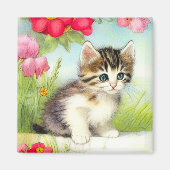  White en Brown Kitten met bloemen Magneet (Voorkant)
