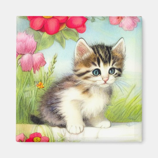  White en Brown Kitten met bloemen Magneet (Voorkant)