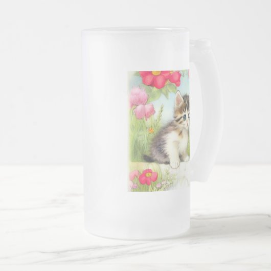  White en Brown Kitten met bloemen Matglas Bierpul (Voorkant rechts)