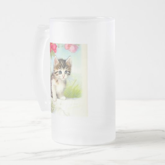 White en Brown Kitten met bloemen Matglas Bierpul (Voorkant links)