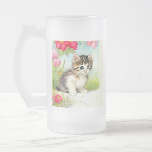  White en Brown Kitten met bloemen Matglas Bierpul (Links)