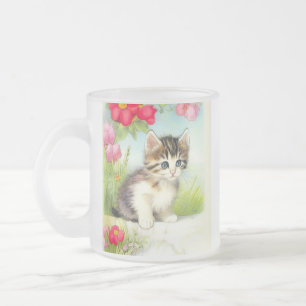White en Brown Kitten met bloemen Matglas Koffiemok