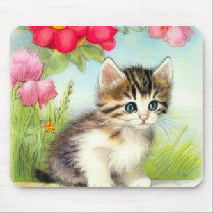  White en Brown Kitten met bloemen Muismat