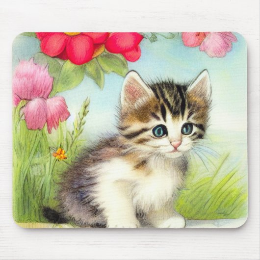 White en Brown Kitten met bloemen Muismat (Voorkant)