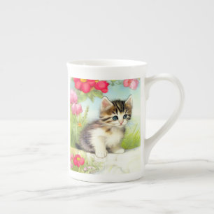 White en Brown Kitten met bloemen Porselein Kop