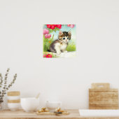  White en Brown Kitten met bloemen Poster (Keuken)