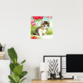  White en Brown Kitten met bloemen Poster (Thuiskantoor)