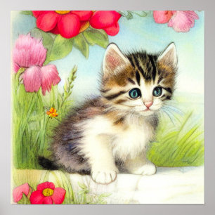 White en Brown Kitten met bloemen Poster