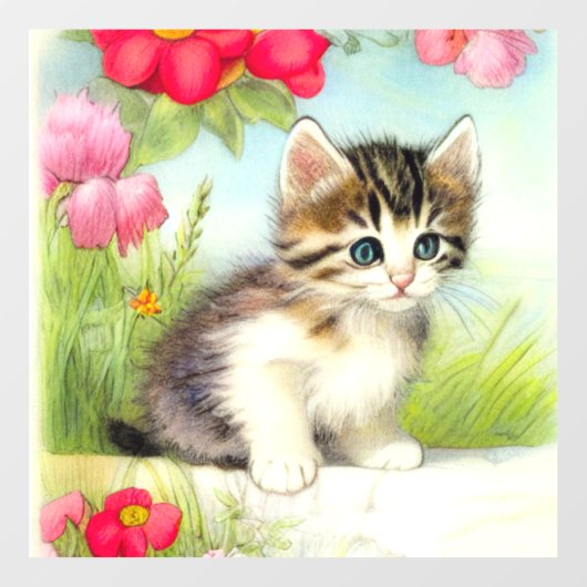 White en Brown Kitten met bloemen Raamsticker (Vel)