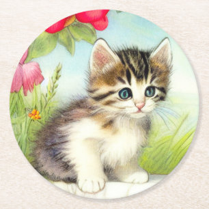  White en Brown Kitten met bloemen Ronde Kartonnen Onderzetter