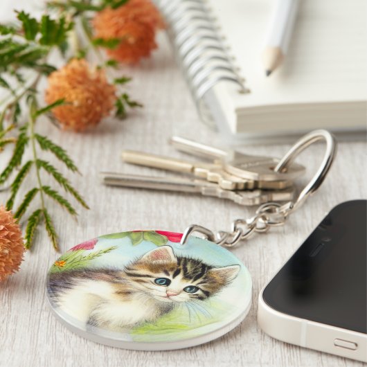  White en Brown Kitten met bloemen Sleutelhanger (Voorkant Rechts)