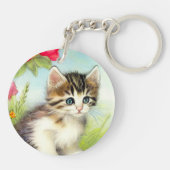 White en Brown Kitten met bloemen Sleutelhanger (Achterkant)