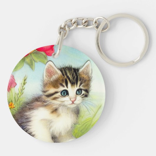  White en Brown Kitten met bloemen Sleutelhanger (Achterkant)