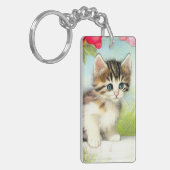 White en Brown Kitten met bloemen Sleutelhanger (Voorkant Links)