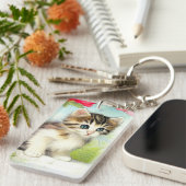 White en Brown Kitten met bloemen Sleutelhanger (Voorkant Rechts)