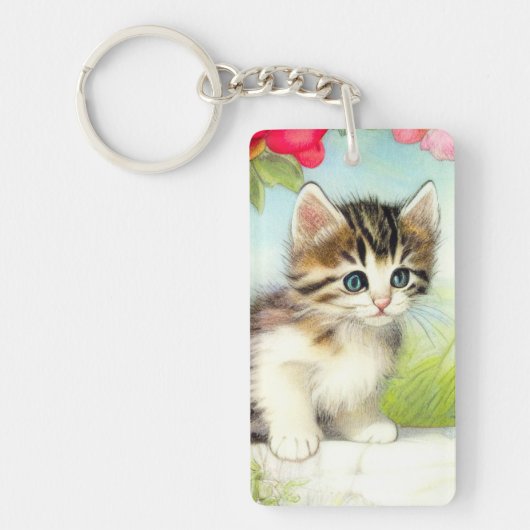 White en Brown Kitten met bloemen Sleutelhanger (Voorkant)
