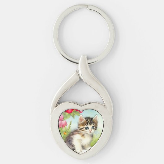 White en Brown Kitten met bloemen Sleutelhanger (Voorkant)