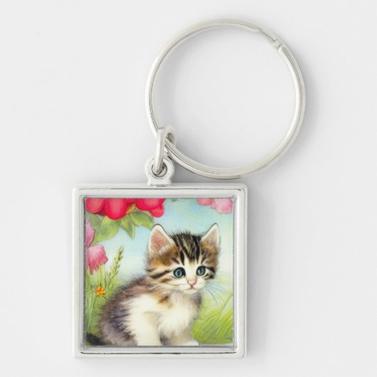 White en Brown Kitten met bloemen Sleutelhanger (Voorkant)