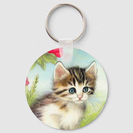 White en Brown Kitten met bloemen Sleutelhanger (Voorkant)