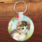 White en Brown Kitten met bloemen Sleutelhanger (Voorkant)