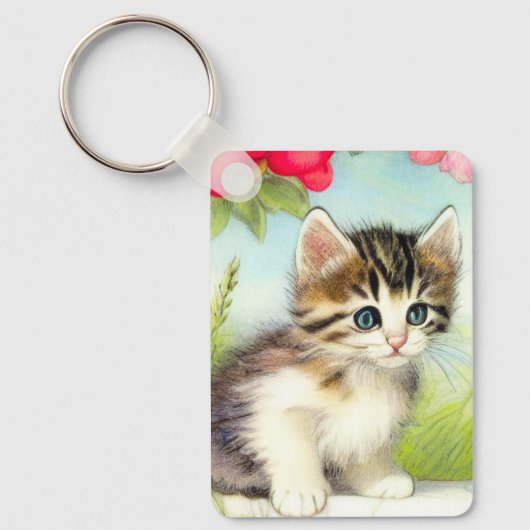 White en Brown Kitten met bloemen Sleutelhanger (Voorkant)