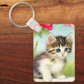 White en Brown Kitten met bloemen Sleutelhanger (Voorkant)