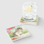 White en Brown Kitten met bloemen Stenen Onderzetter (Zijkant)