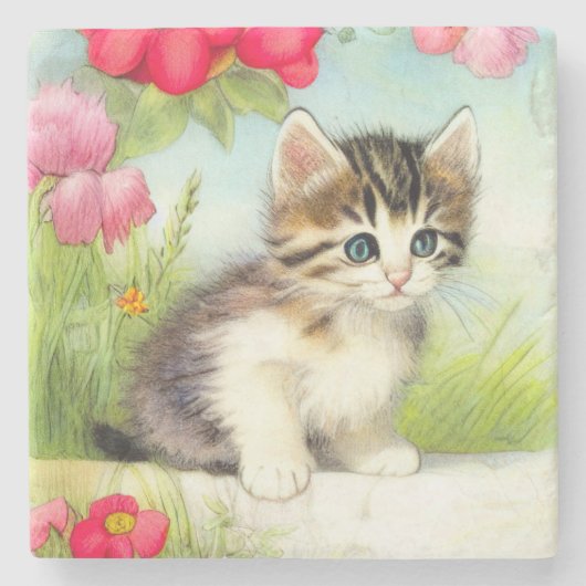  White en Brown Kitten met bloemen Stenen Onderzetter (Voorkant)