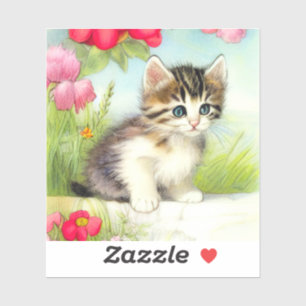  White en Brown Kitten met bloemen Sticker