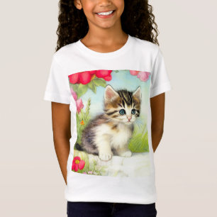  White en Brown Kitten met bloemen T-shirt