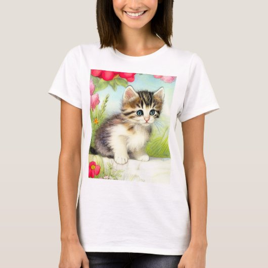White en Brown Kitten met bloemen T-shirt (Voorkant)