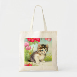 White en Brown Kitten met bloemen Tote Bag