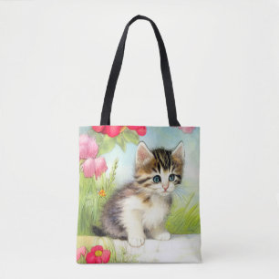 White en Brown Kitten met bloemen Tote Bag