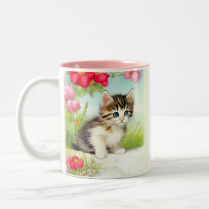 White en Brown Kitten met bloemen Tweekleurige Koffiemok