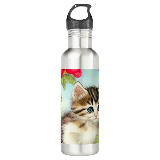 White en Brown Kitten met bloemen Waterfles (Voorkant)