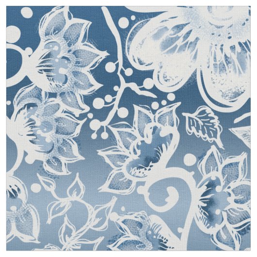 White en Classic Blue Boho Flowers Stof (Close Up)