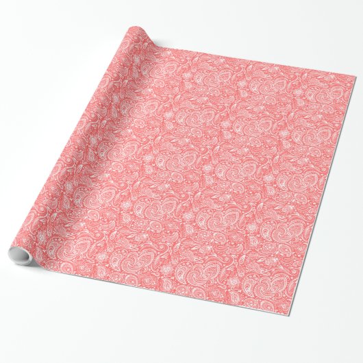 White en Coral-Red Floral Paisley Pattern Cadeaupapier (Uitgerold)
