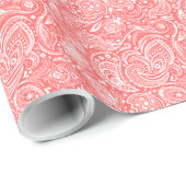 White en Coral-Red Floral Paisley Pattern Cadeaupapier (Rol Hoek)