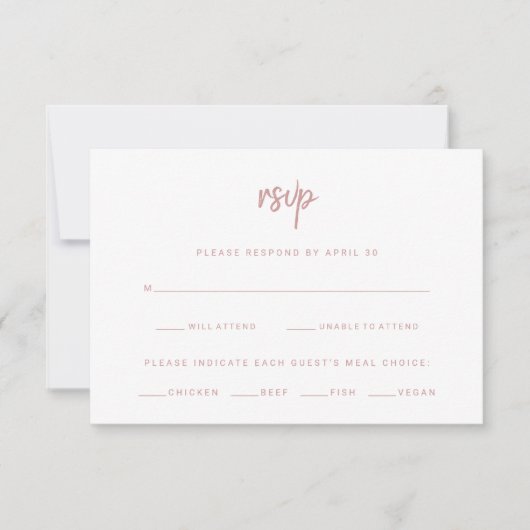 White en Dusty Roos Script | Keuze uit weddenschap RSVP Kaartje (Voorkant)