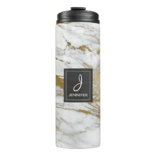 White en Faux Gold Marble Elegant Monogram Thermosbeker