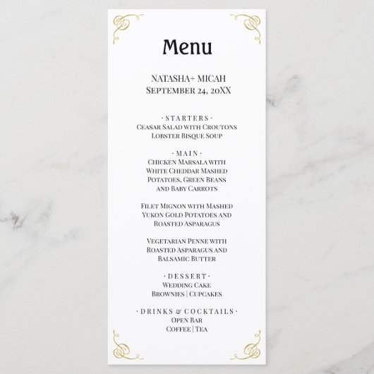 White en Faux Gold Simple Elegant Menu (Voorkant)