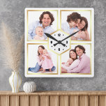 White en Gold 4 Afbeeldingen Familie Foto Collage Vierkante Klok<br><div class="desc">Upload uw favoriete foto's om uw eigen unieke persoonlijke foto-cadeau voor uw eigen keepasje te maken.</div>