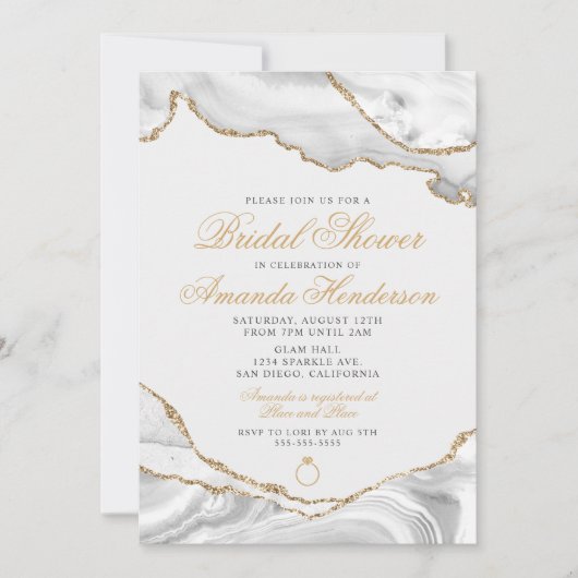 White en Gold Agate Marble Bridal Invitation Kaart (Voorkant)