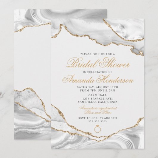 White en Gold Agate Marble Bridal Invitation Kaart (Voorkant / Achterkant)