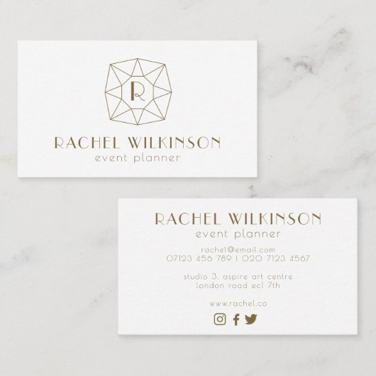 White en Gold Art Dec Gem Social Media Monogram Visitekaartje (Voorkant / Achterkant)