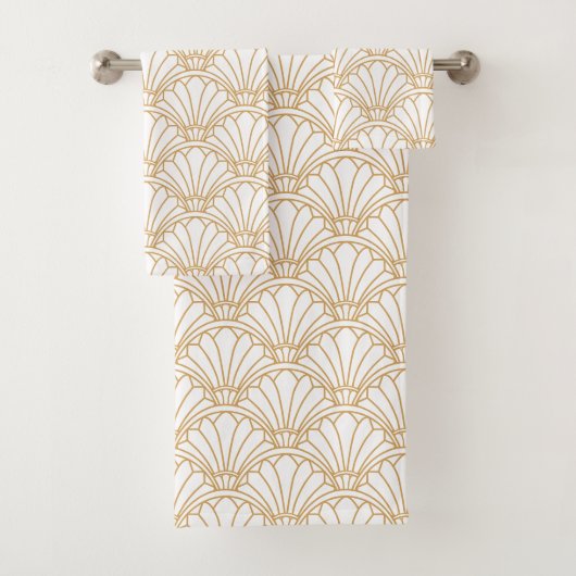 White en Gold Art Deco Fan Flower Motif Bad Handdoek (Insitu)